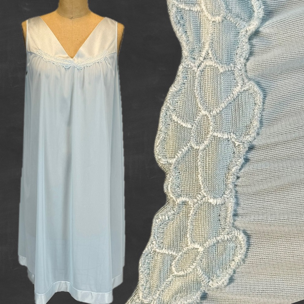 VINTAGE nylon pastel baby blue silky nightgown sleeveless midi flower embroidery